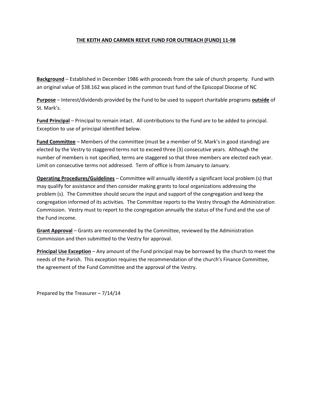 Keith and Carmen Reeve Fund for Outreach guidelines, prepared 14 July 2014